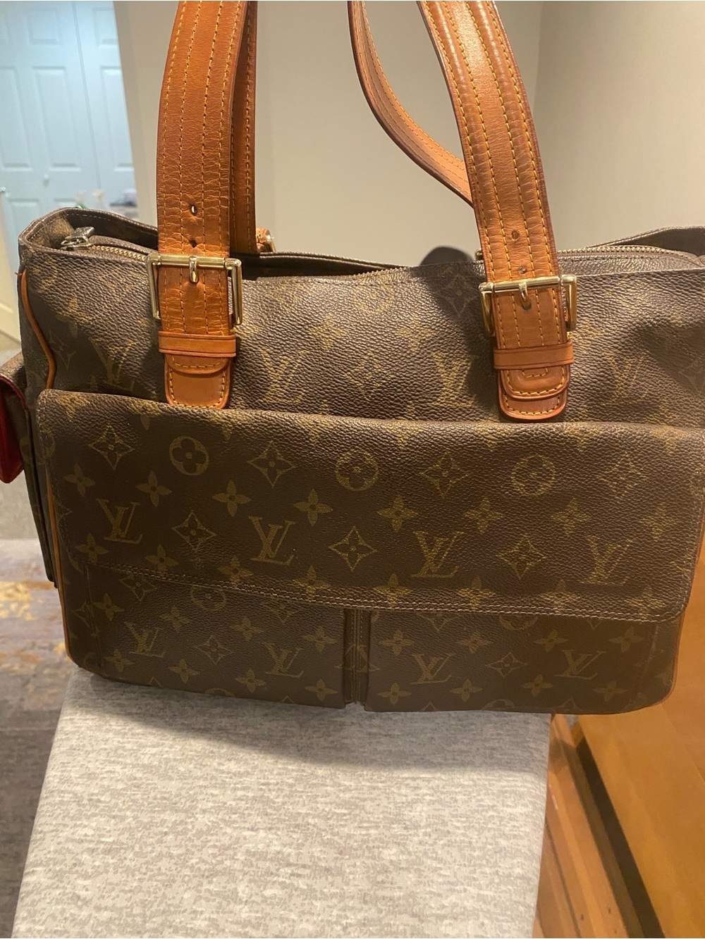 Louis Vuitton Brown Monogram Canvas Shoulder Bag with Tan Leather Trim
